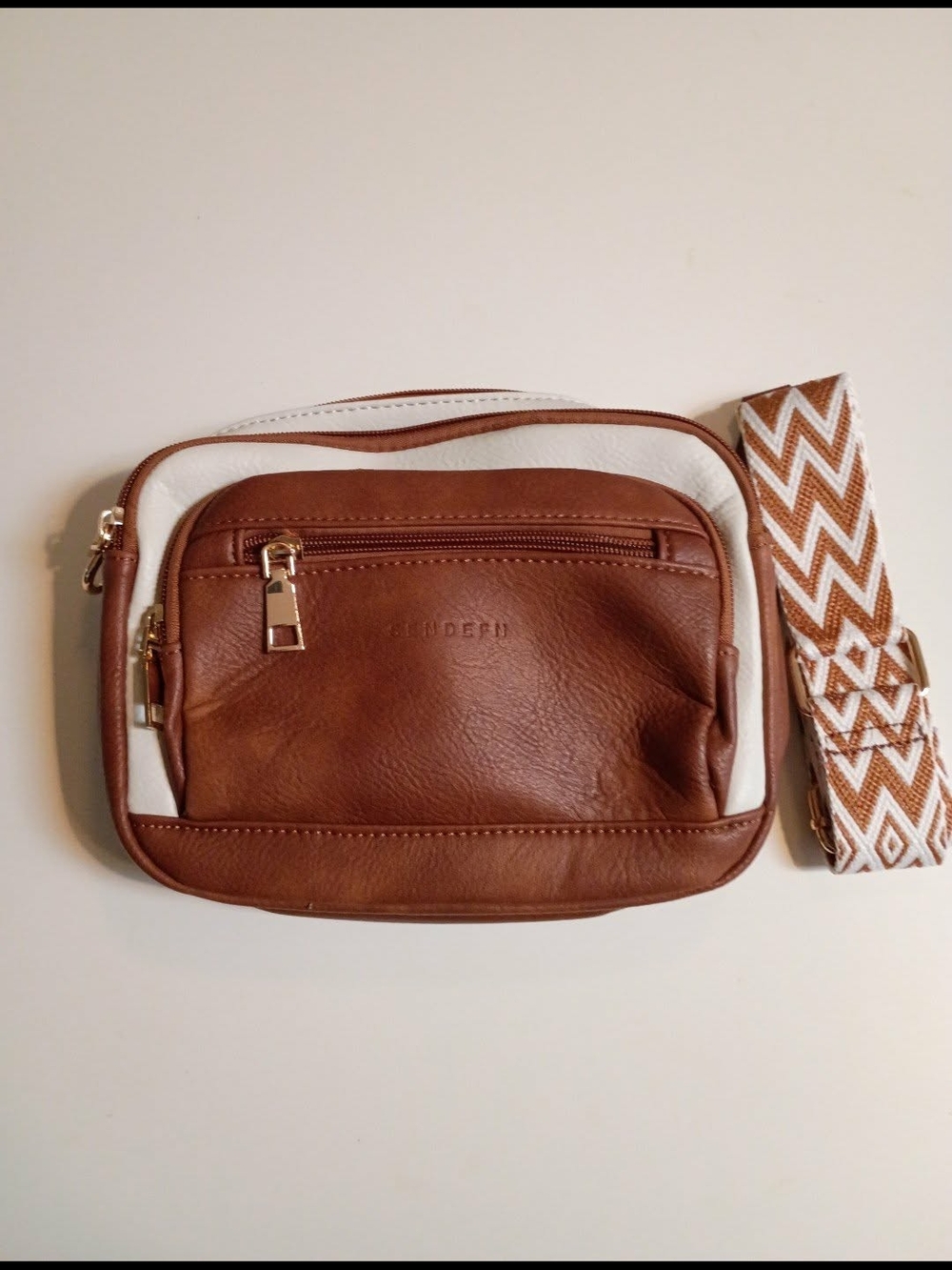 Leather Crossbody Bag in Brown and White with Patterned Strap